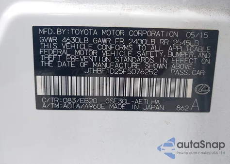 2015 Lexus Is 250 from USA, damaged, VIN JTHBF1D25F5076252